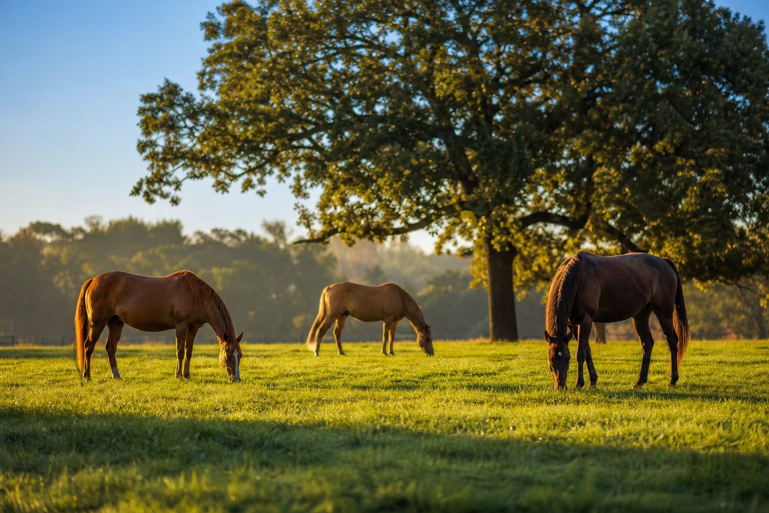 Horses grazing in improved pasture at sunrise on a Weatherford ranch with mature live oak and natural rolling terrain.