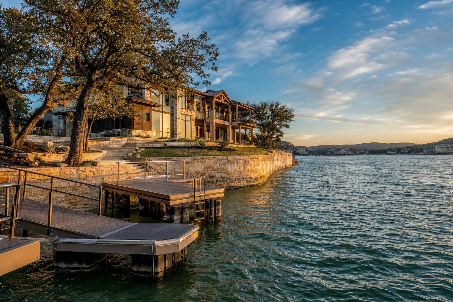 Luxury waterfront estate at Possum Kingdom Lake's Gaines Bend with private dock, limestone cliffs, and deep water views at sunset.