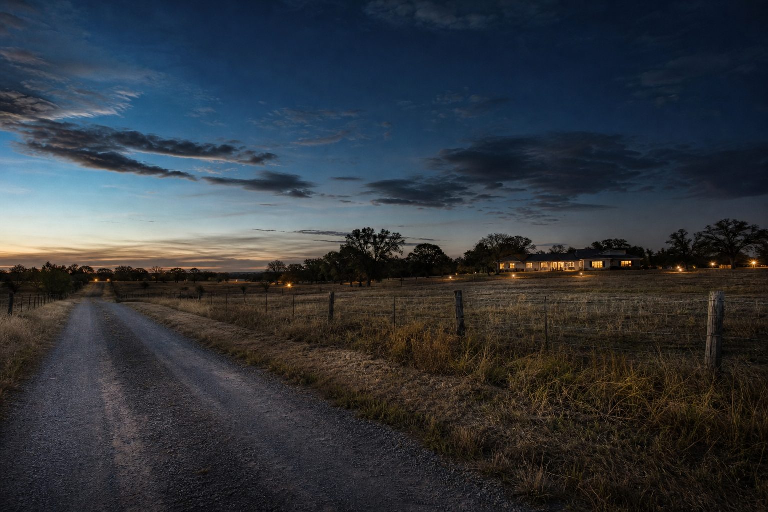 Twilight view of 5-acre agricultural parcel with ranch structures and native trees in rural Bridgeport landscape.