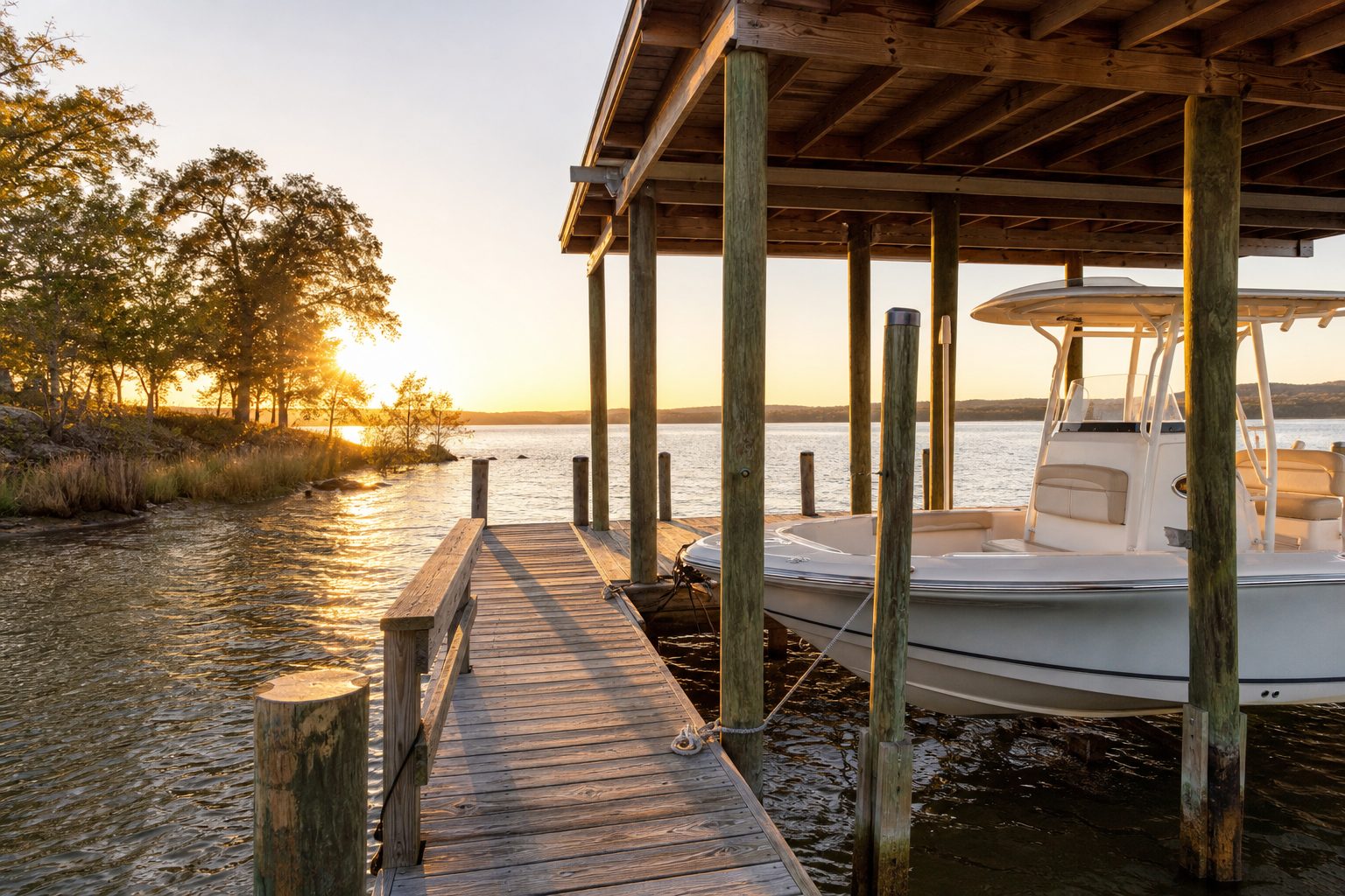 Waterfront residential dock with moored boat at Lake Bridgeport, Texas, oak-lined shoreline in background at sunset.