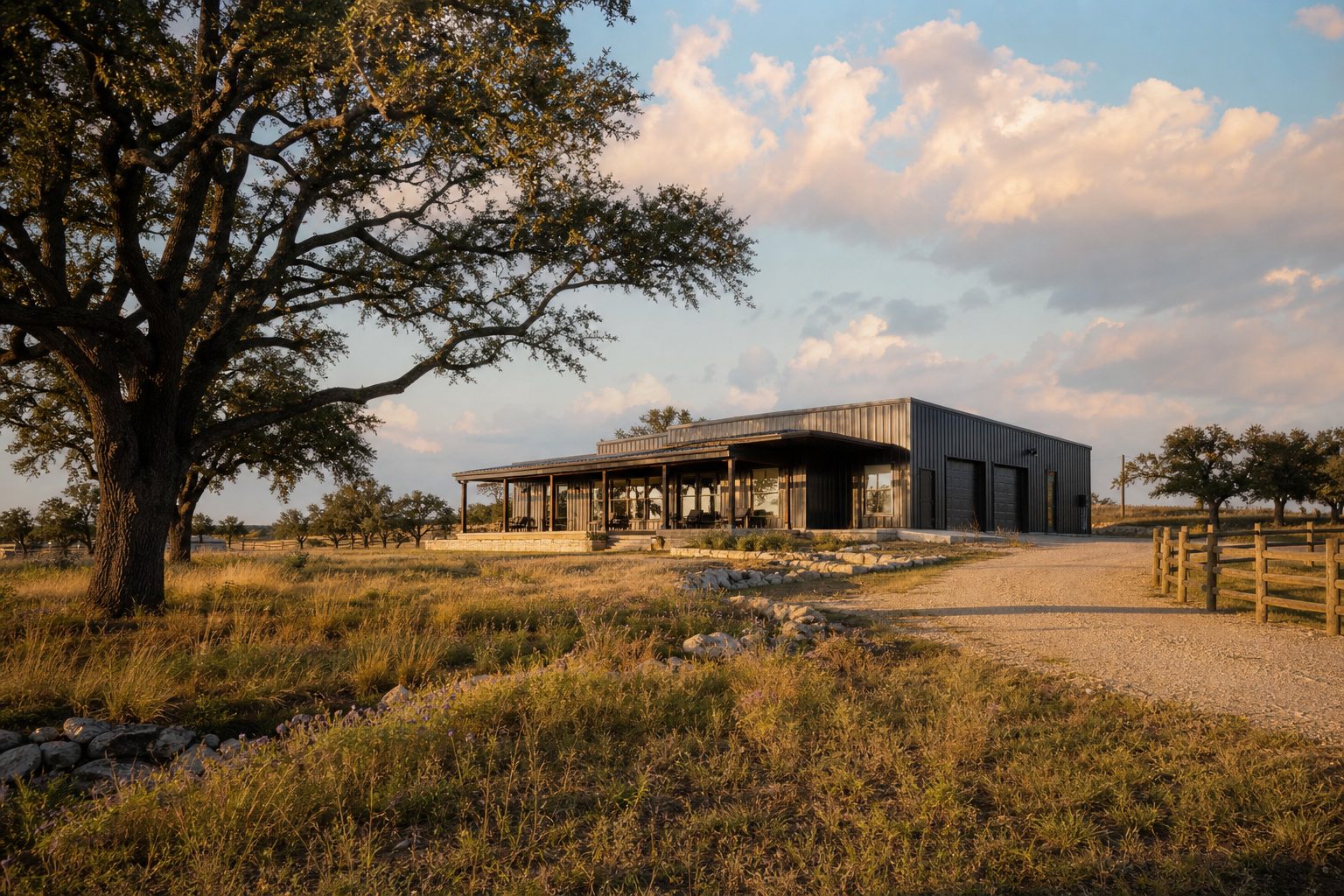 Modern metal-frame barndominium with shop space on rural acreage near Weatherford, Texas, golden hour lighting.
