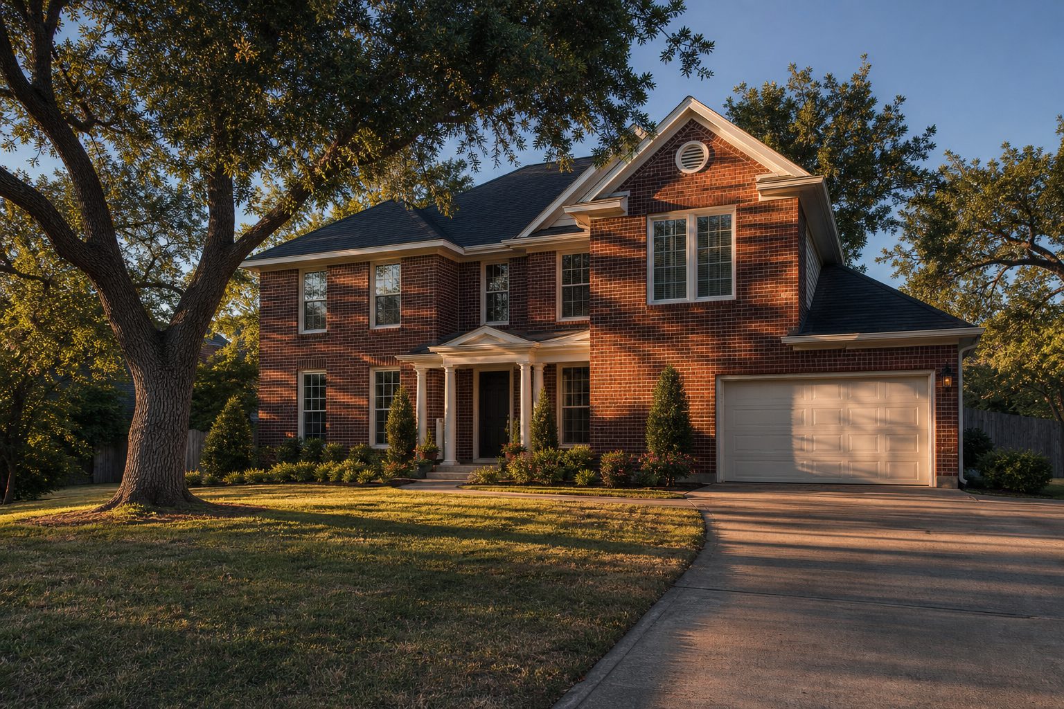 Two-story brick colonial rental home in Weatherford with mature trees and manicured lawn in late afternoon light.
