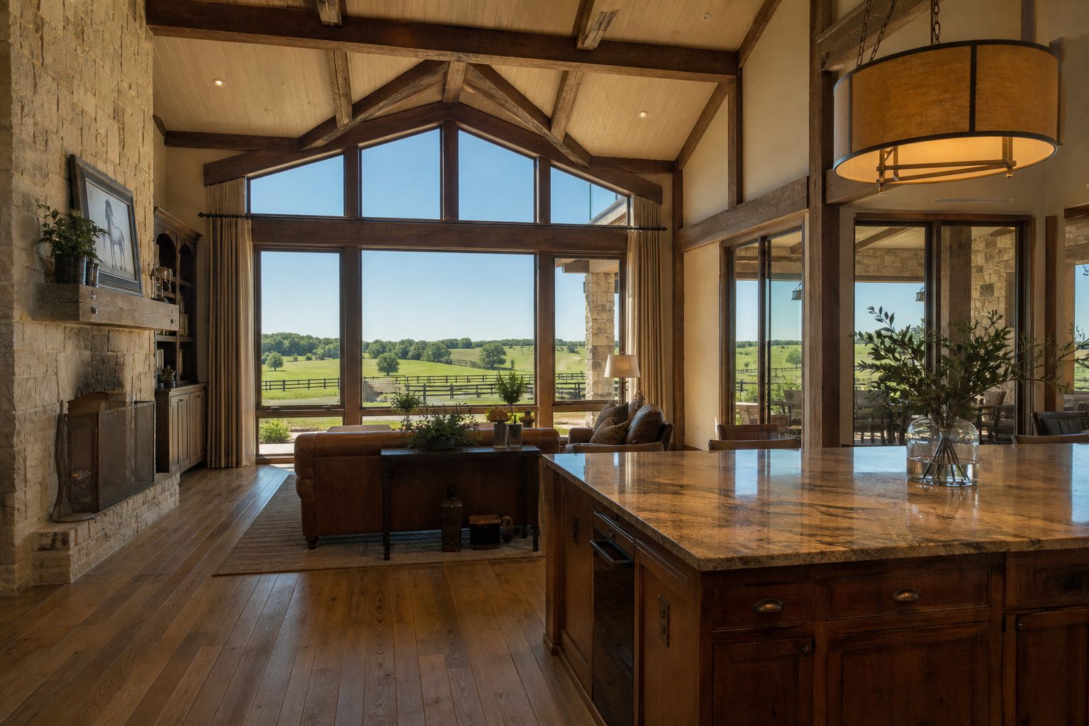 Ranch home interior with open living space and windows overlooking well-maintained pasture and horse property fencing.