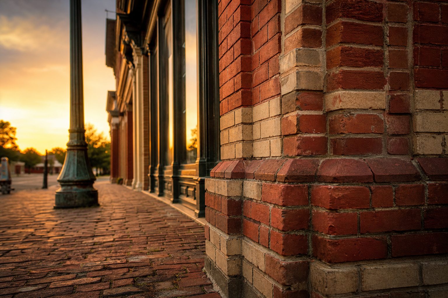 Historic downtown Weatherford brick facade with ornamental detailing, cast-iron storefronts, and period sidewalk in golden afternoon light.