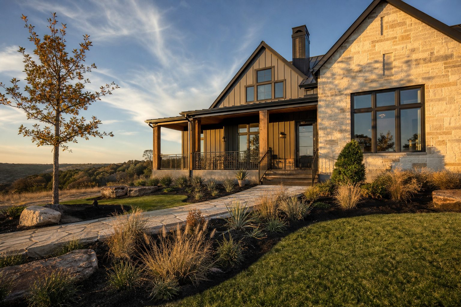 Modern farmhouse with limestone and board-and-batten exterior in new Stagecoach Crossing development, Bridgeport area, Wise County.