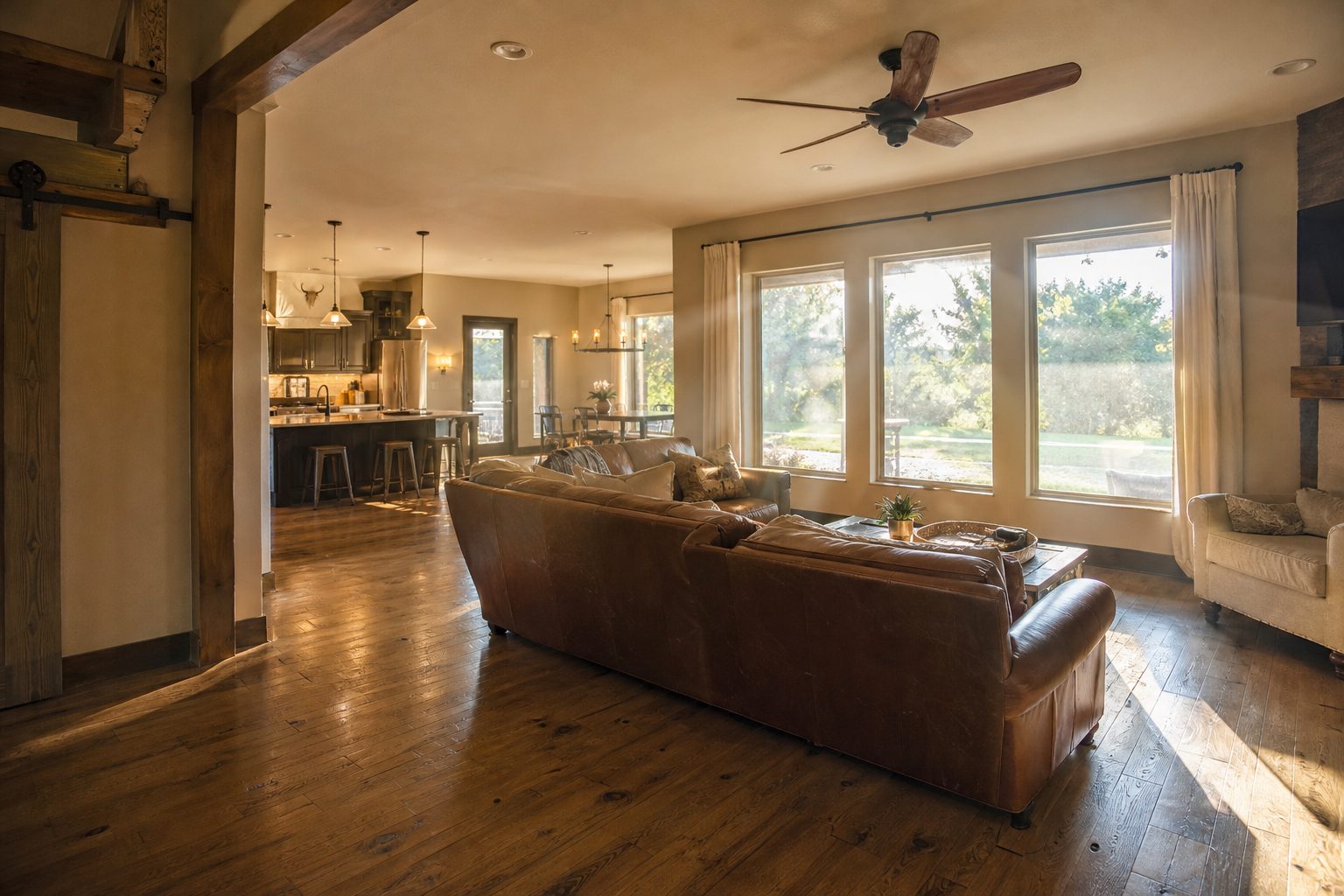 Bright open living room with hardwood floors and natural window light in family home, Springtown Texas.