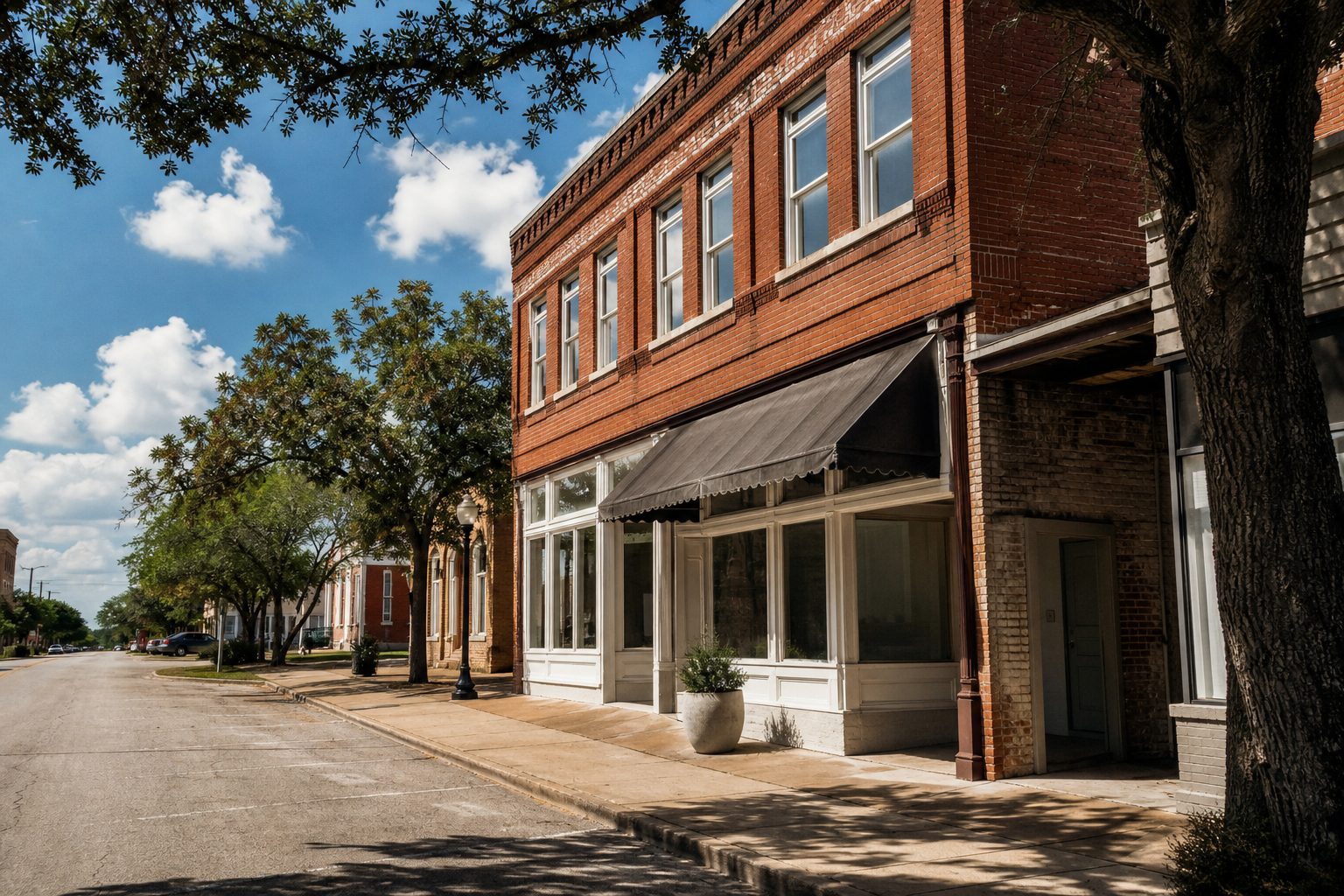 Historic red-brick downtown Bridgeport storefront with mature oak trees lining wide main street, October midday light.