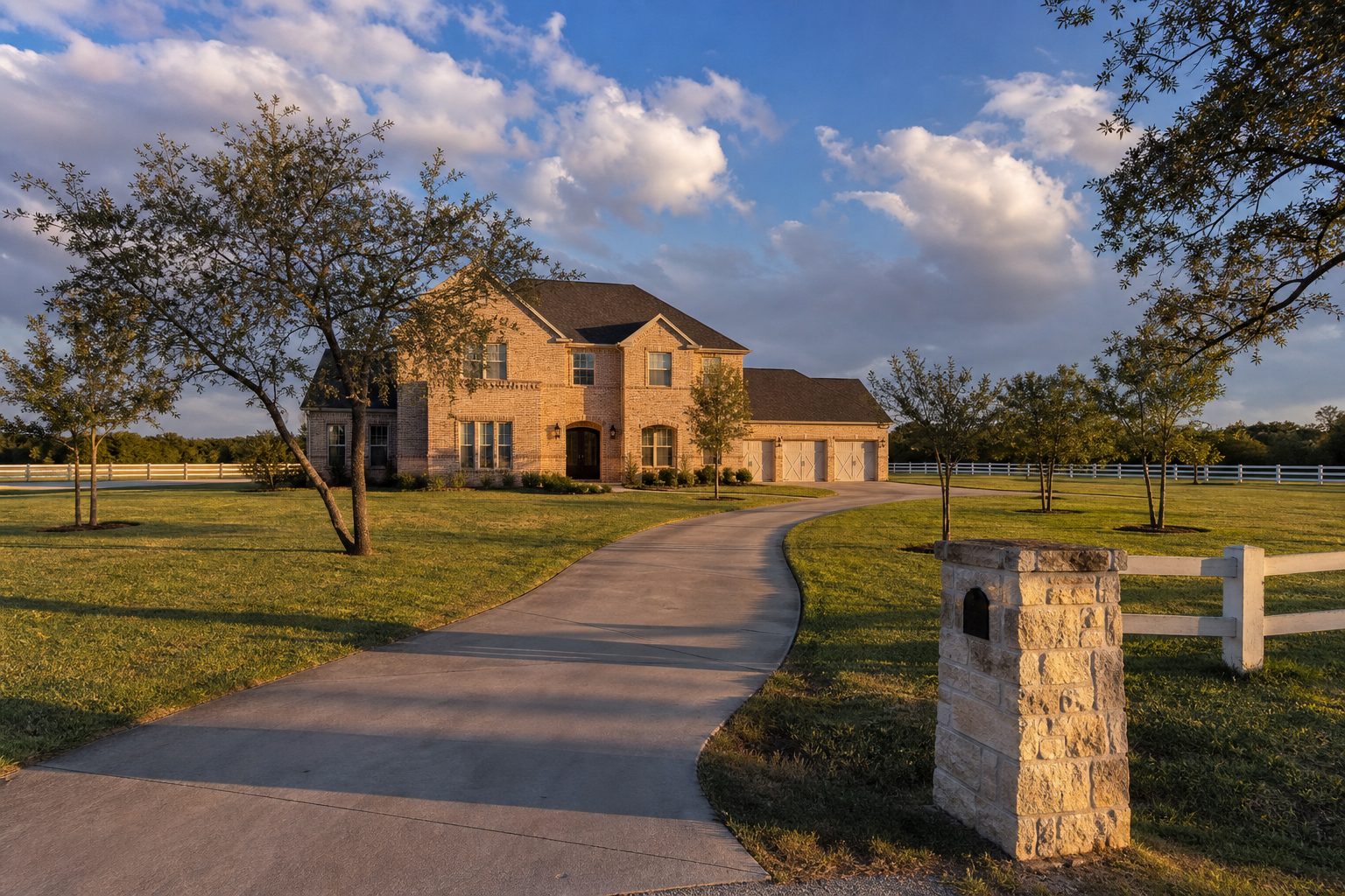 Modern brick colonial on large lot with live oaks and split-rail fence in southeast Weatherford, Texas.