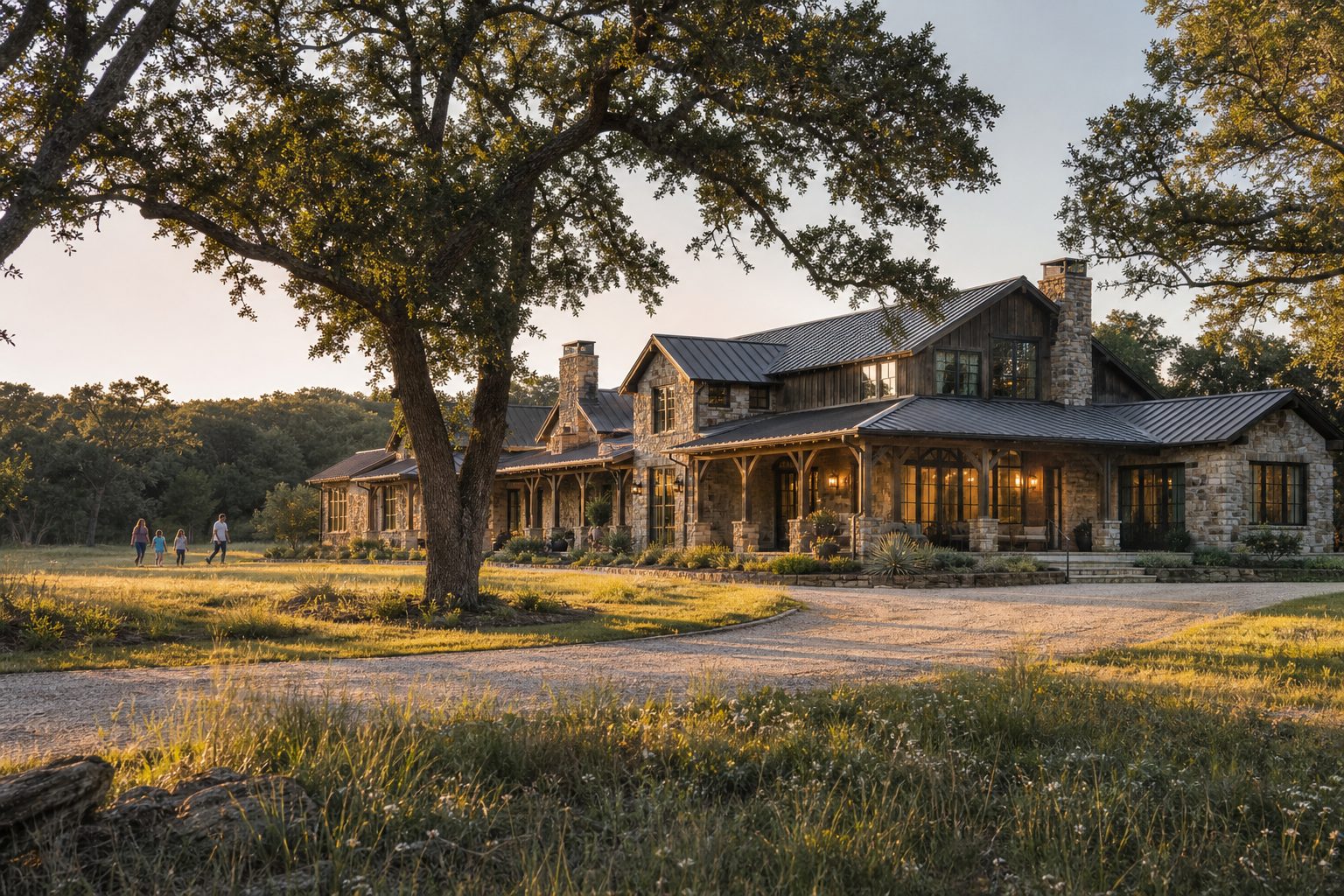 Luxury custom home on three-acre estate lot with native oak trees and limestone facade in La Dorada, Kelly Ranch Aledo.