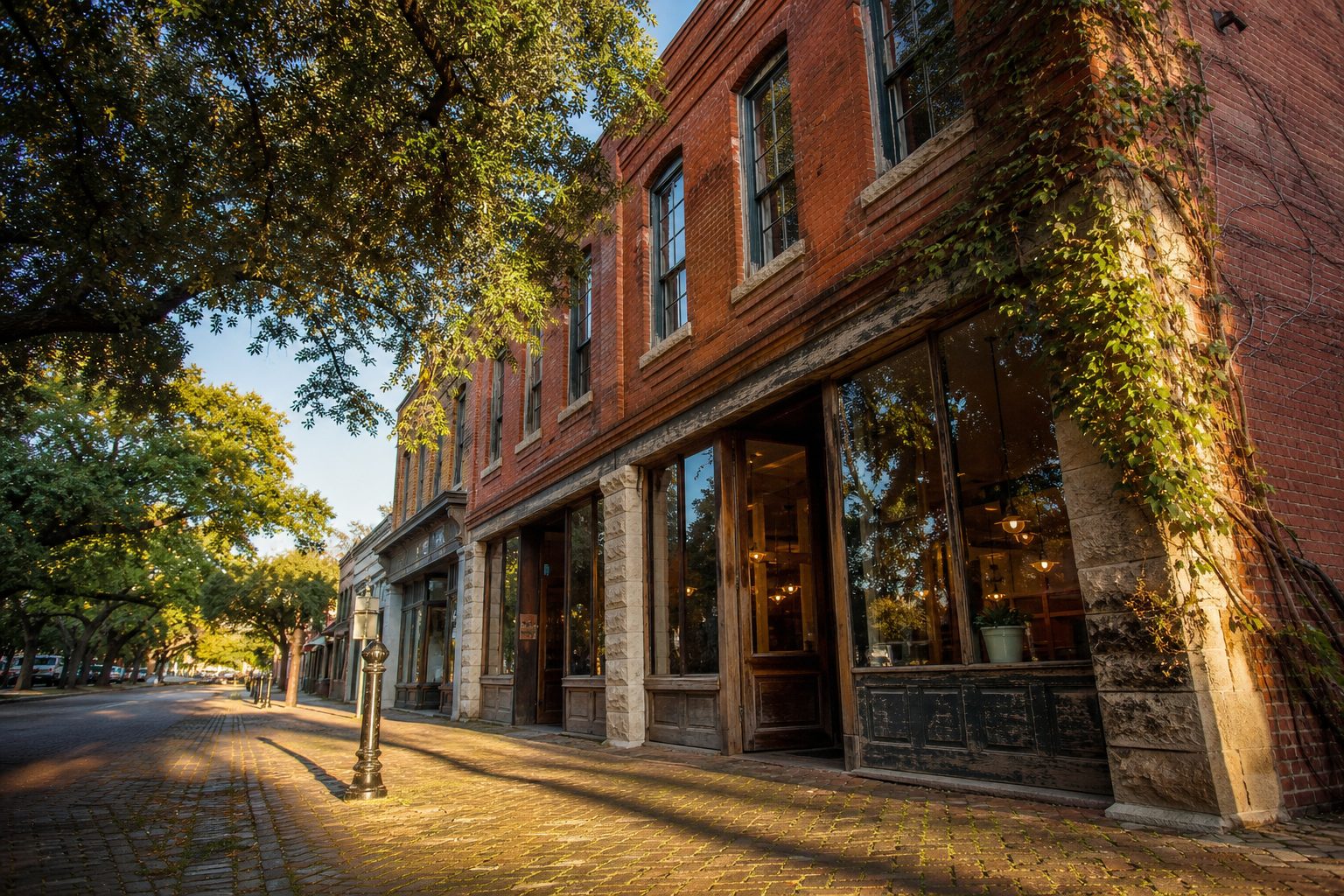 Brick storefront in historic Granbury town square with ivy-covered facade and tree-lined pedestrian street at golden hour.