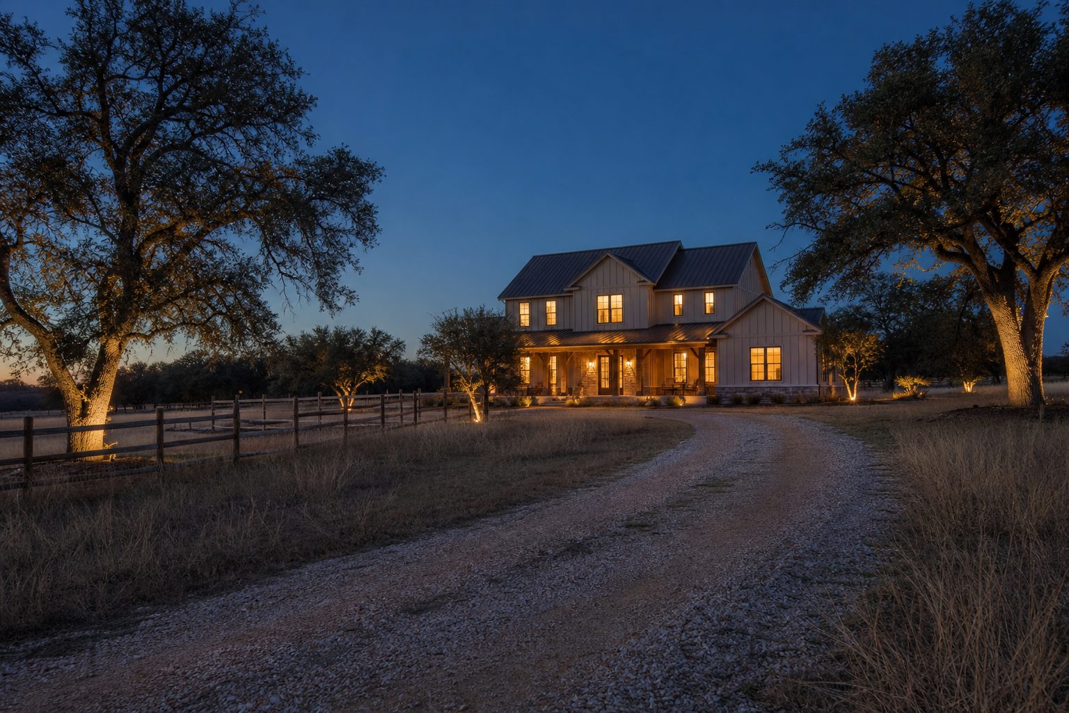 Two-story contemporary farmhouse on five acres at twilight with landscape lighting, mature trees, and rural North Texas terrain in Bowie.