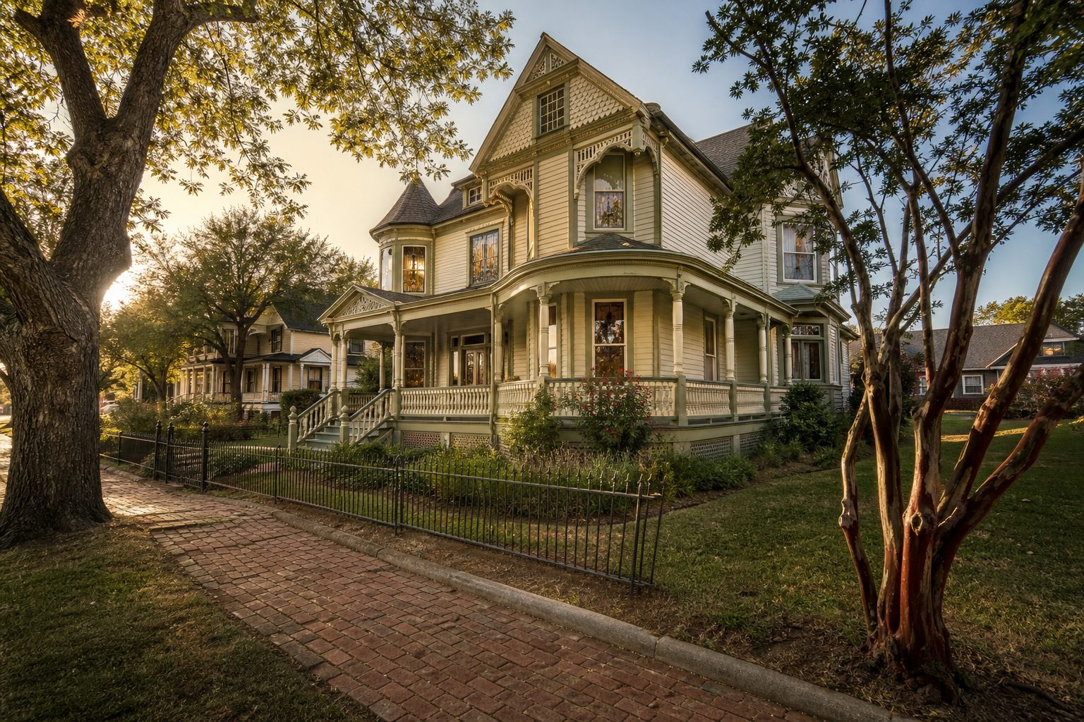 Queen Anne Victorian home with cream exterior and wraparound porch under mature live oak trees in historic downtown Weatherford.