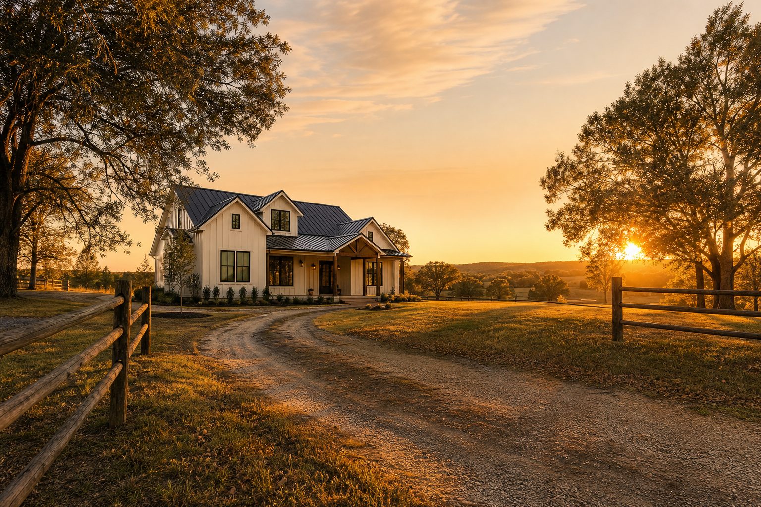 Newly built three-bedroom farmhouse on one acre with live oak trees and rural fencing in Bowie, Montague County, Texas at golden hour.