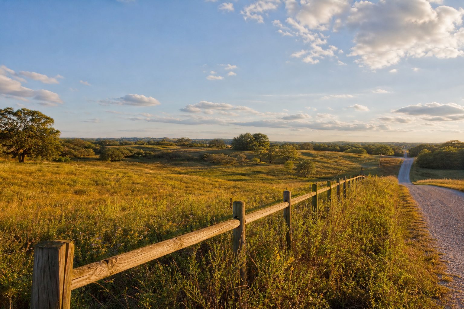 Rolling pasture acreage along US 287 in Wise County with native Texas prairie, live oak trees, and ranch entrance in golden hour light.