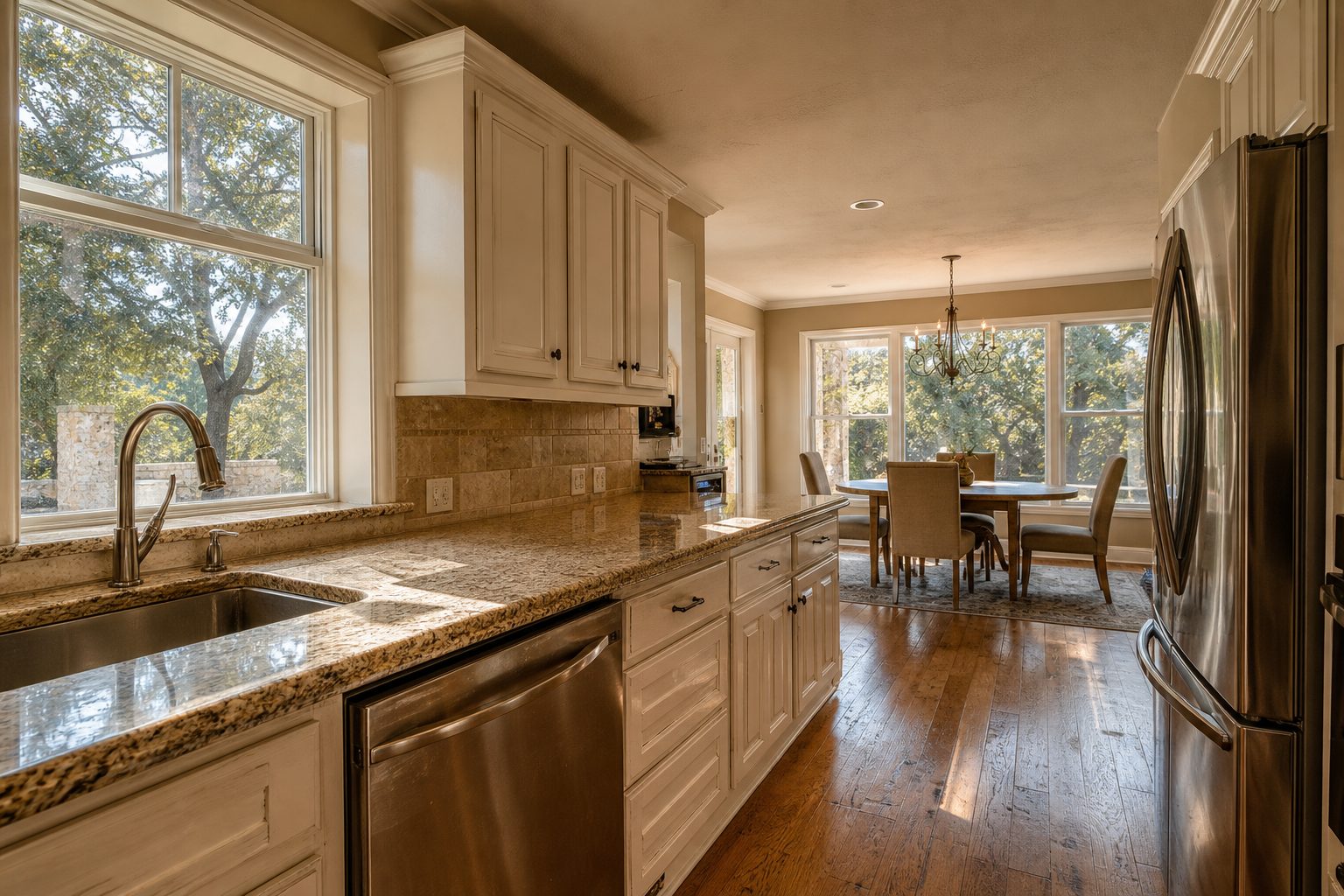 Upscale kitchen with granite counters and hardwood floors displaying updated finishes in luxury Tarrant County property.