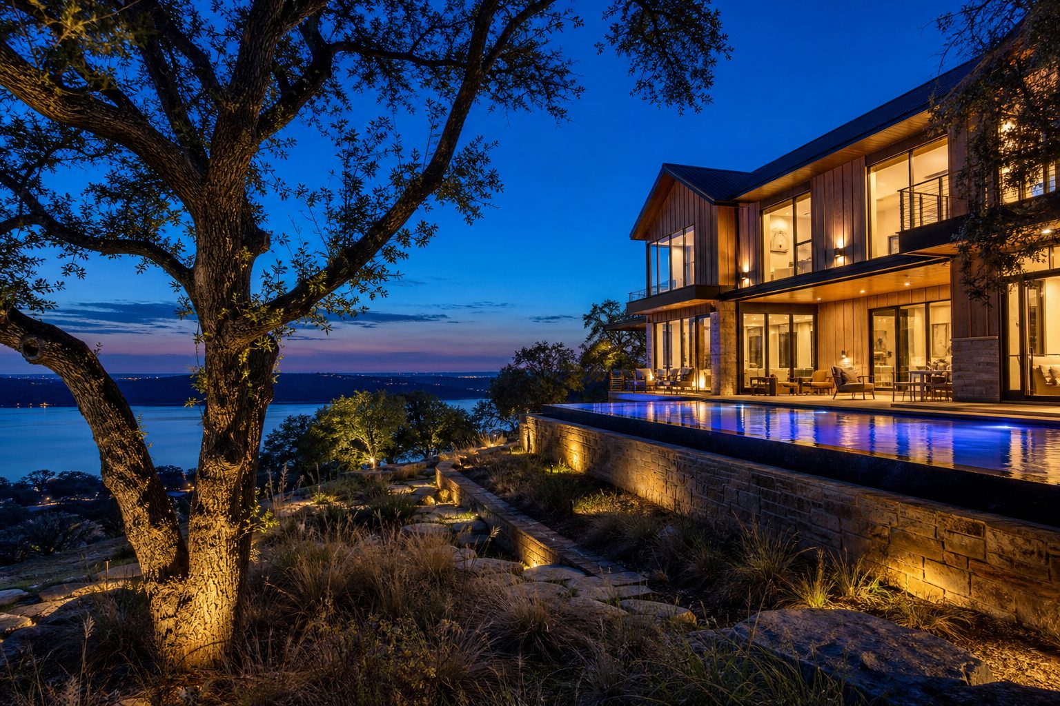 New 2026 luxury home in Hills Above Possum Kingdom with pool, native oaks, and elevated lake views in twilight lighting.