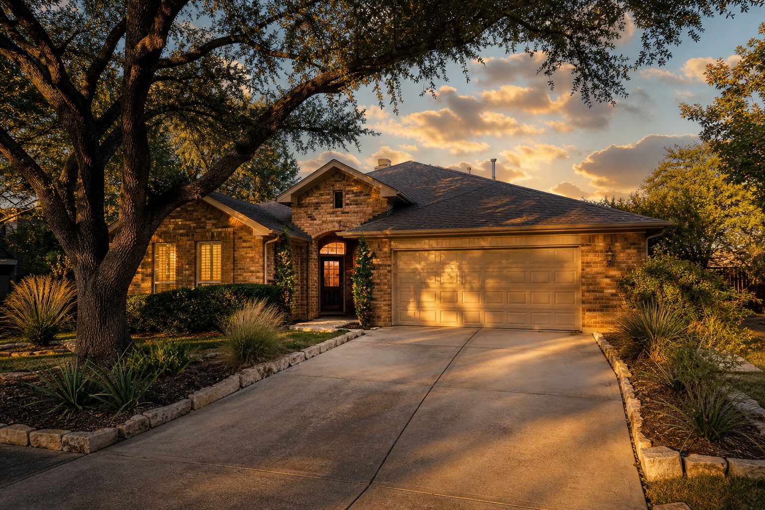 Single-family brick rental home in western Tarrant County with mature shade trees and clean driveway at golden hour.