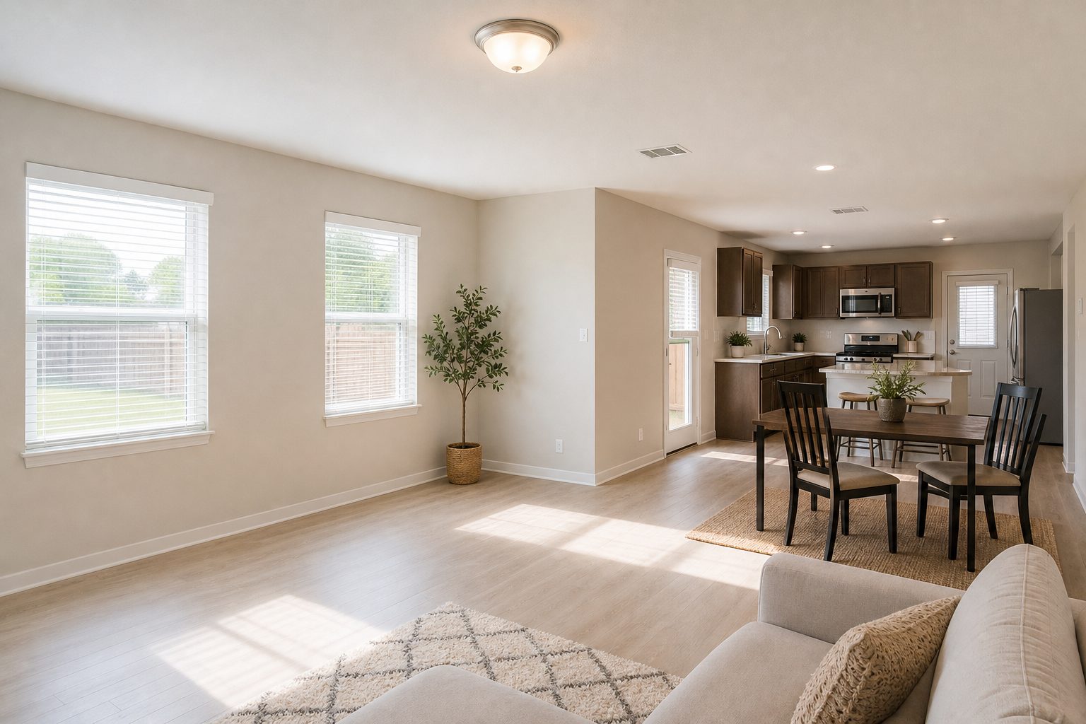 Bright, clean living room with neutral walls and natural light in an affordable Graham home interior.
