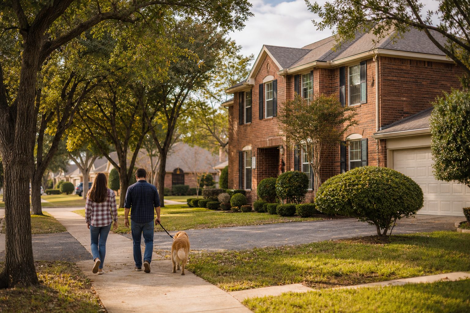 Tree-lined suburban street in Wise County with traditional brick home and couple with dog creating walkable neighborhood lifestyle.