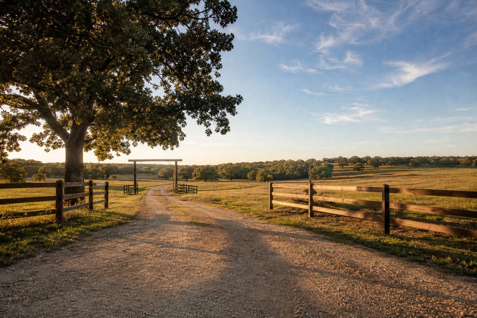 Rural ranch entrance along US 287 in Wise County with gravel drive, weathered split-rail fencing, mature oak trees, and open pasture land.