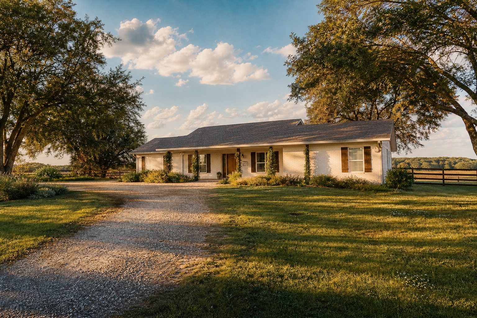 Single-story brick ranch home in Wise County with deep front porch and native landscaping bathed in golden afternoon light.