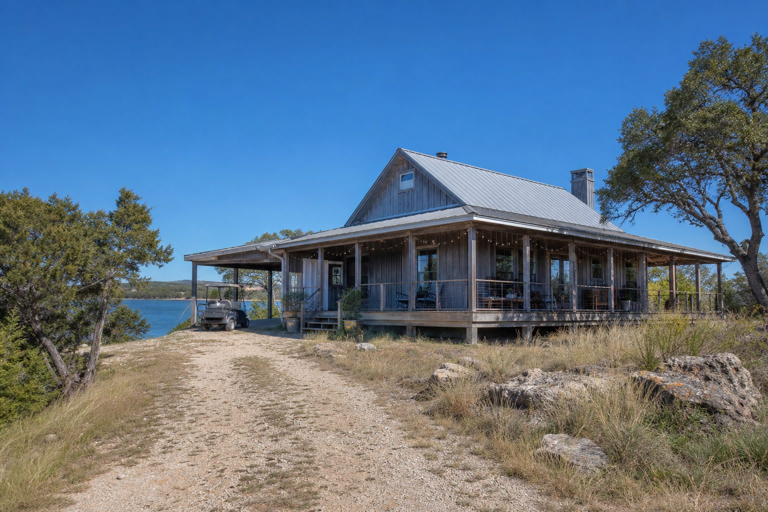 Entry-level family lake home on Butler Point Road at Possum Kingdom Lake with wraparound porch and native Texas landscaping.