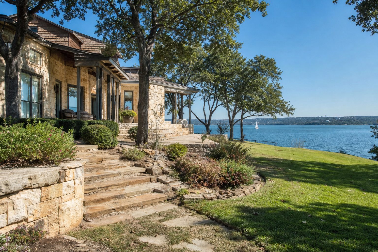 Contemporary lakefront home with stone patio overlooking Lake Granbury's deep blue water and distant shoreline.