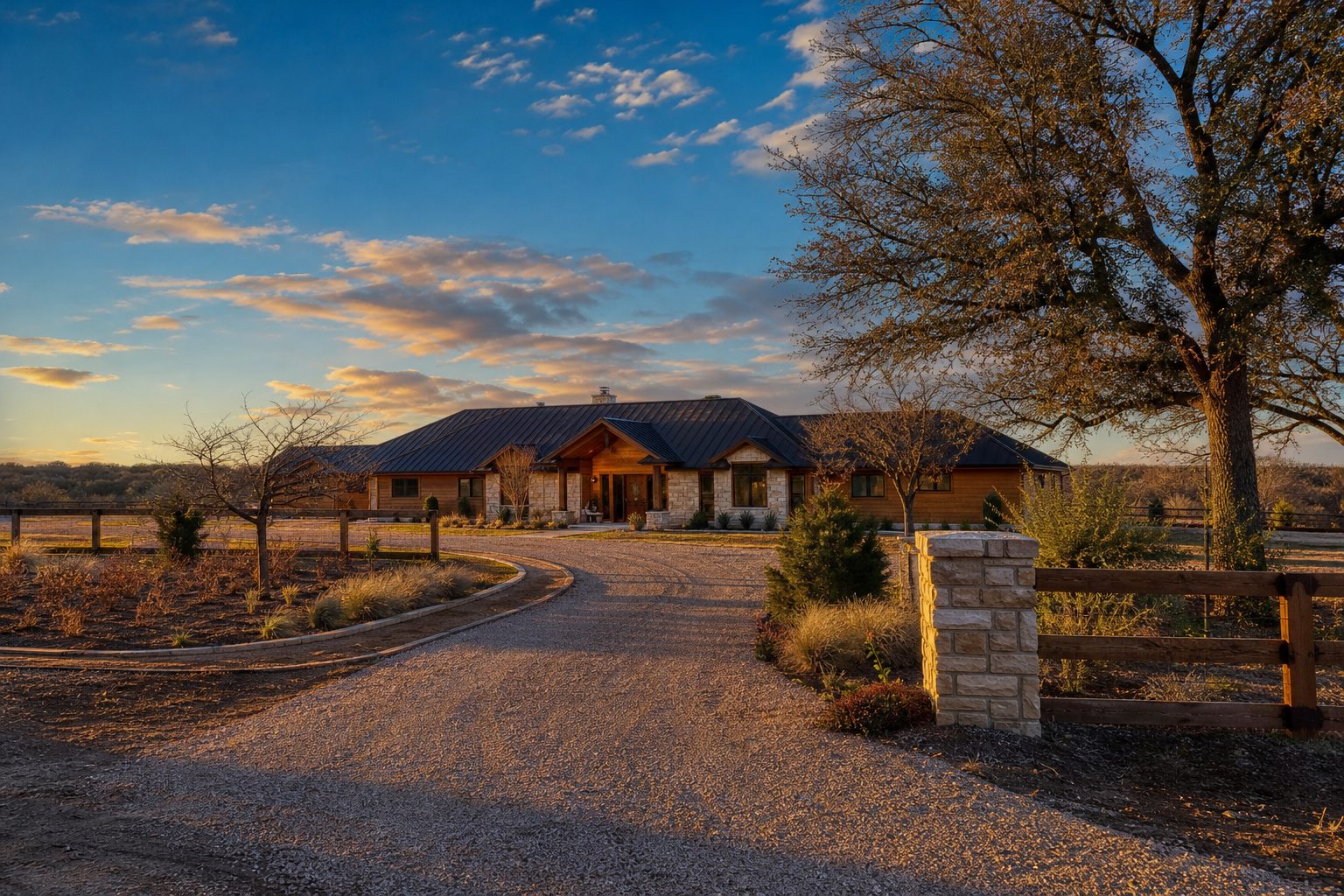 Ranch-style estate on acreage with native stone entry, mature oaks, and manicured grounds in Parker County at golden hour.