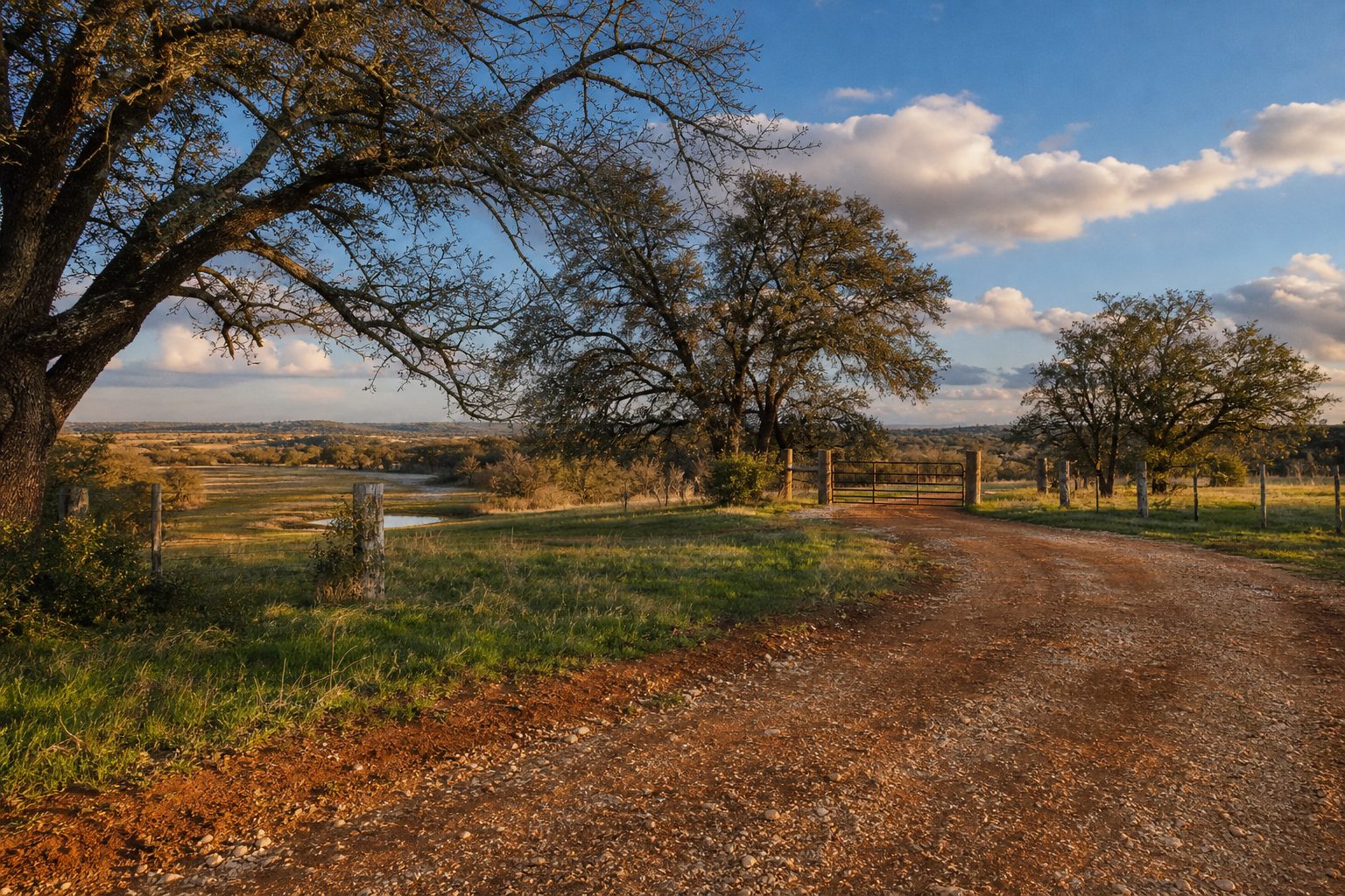 Rural five-acre ranch property with post oak trees, caliche road, and water pooling in pasture near Weatherford, Parker County.