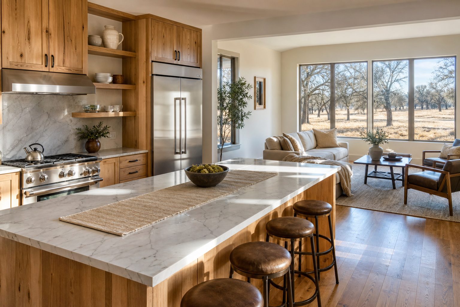 Open-concept kitchen in modern three-bedroom home in rural Bowie with views of native Texas pecan orchard and rolling landscape.