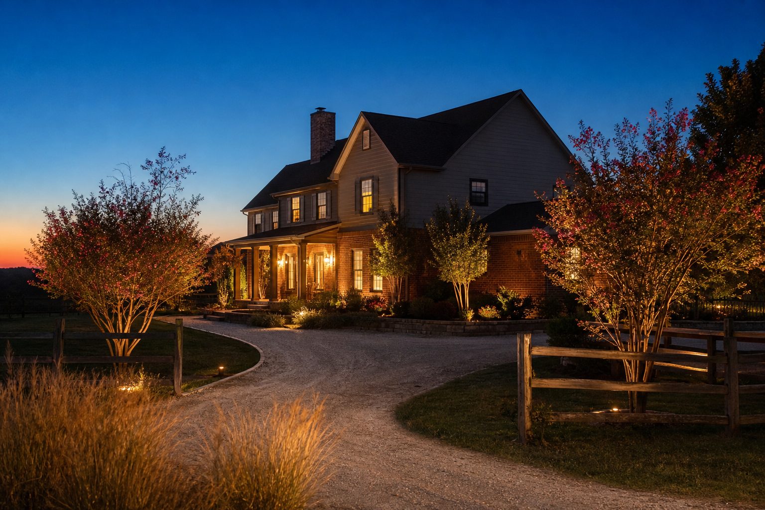 Two-story home with warm interior lighting at dusk, landscaped yard, and five acres of rolling Wise County pasture.