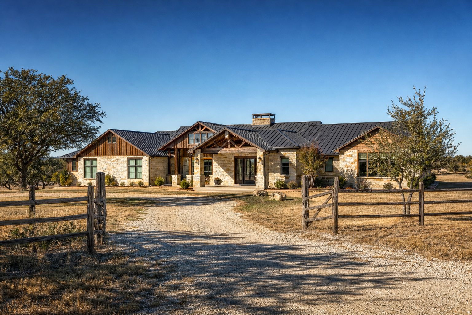 Ranch-style home on 3.5-acre lot with cedar siding, split-rail fencing, and open pasture in rural Weatherford.
