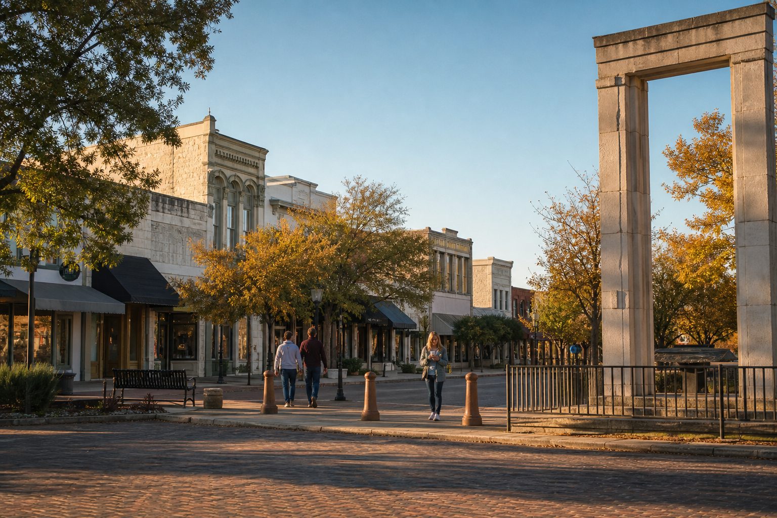 People walking through Graham's historic downtown square with period storefronts and native trees during golden hour.