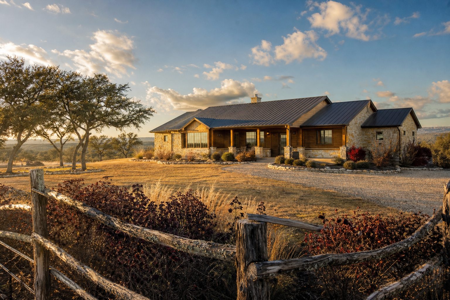 Limestone ranch home on rural Wise County acreage with native oak trees and pasture land in afternoon sunlight.