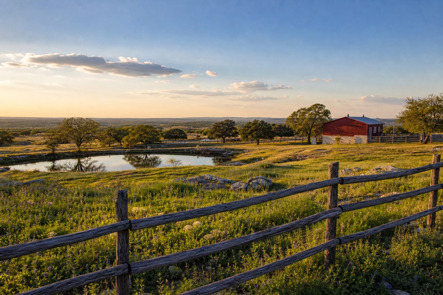 Wide pasture acreage with mesquite trees, split-rail fencing, stock pond, and limestone outcroppings in Palo Pinto County hill country terrain.