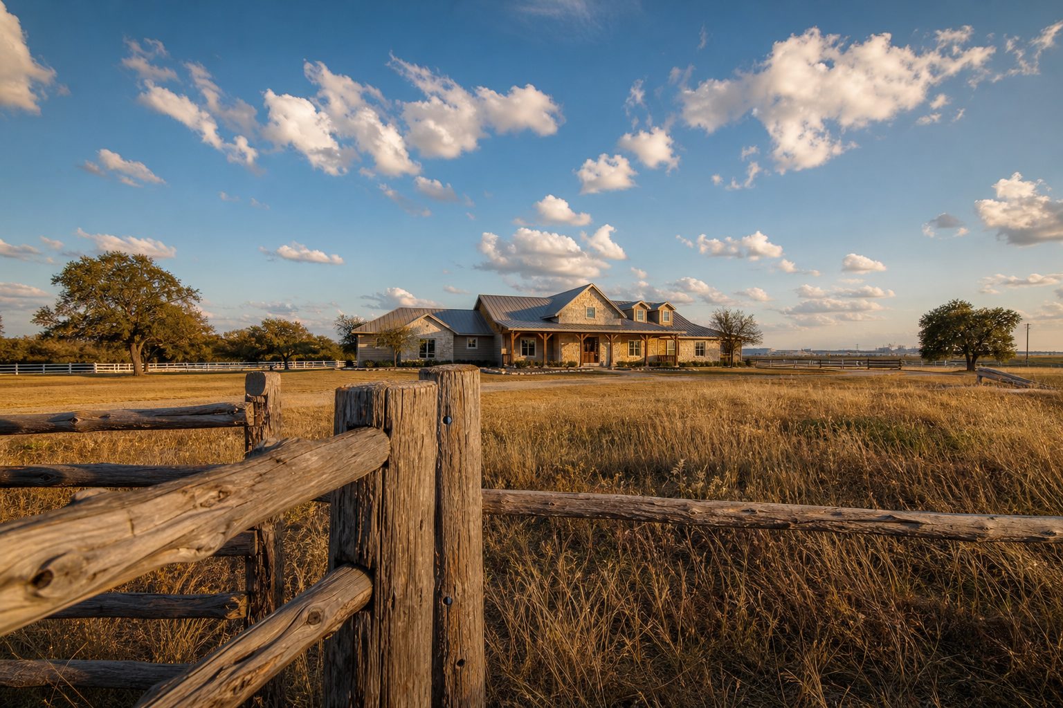 Sprawling ranch property on acreage in Springtown, Texas with limestone home, mature oak trees, and rural character.