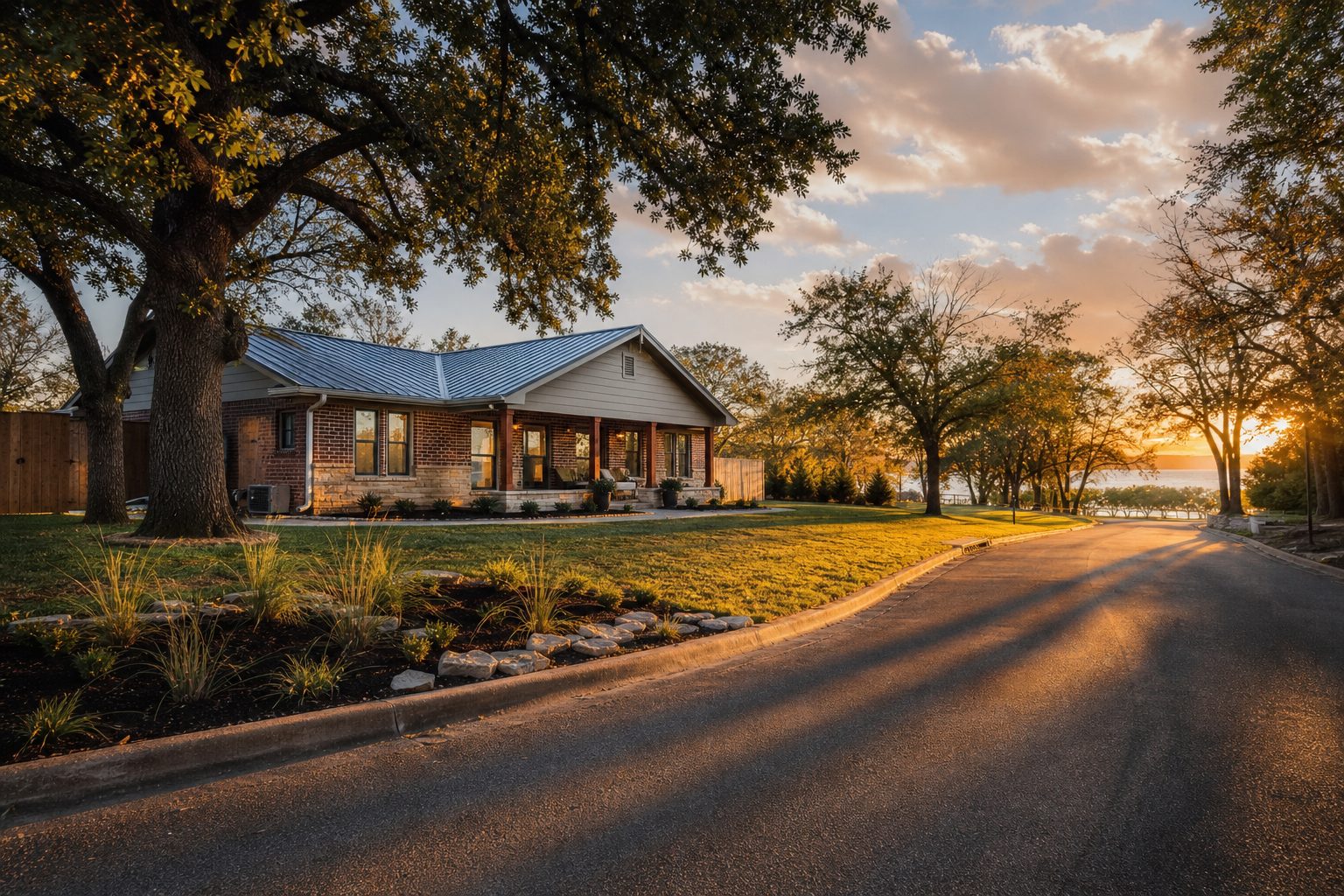 Single-story ranch home with updated roof in Benbrook Lakeside Addition near the lake, golden hour lighting with mature trees.