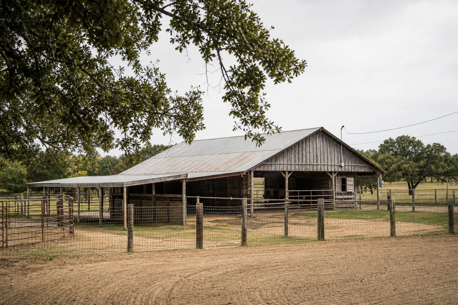 Functional horse barn with round pen and arena footing on Parker County property with weathered metal roofing and pipe-rail fencing.