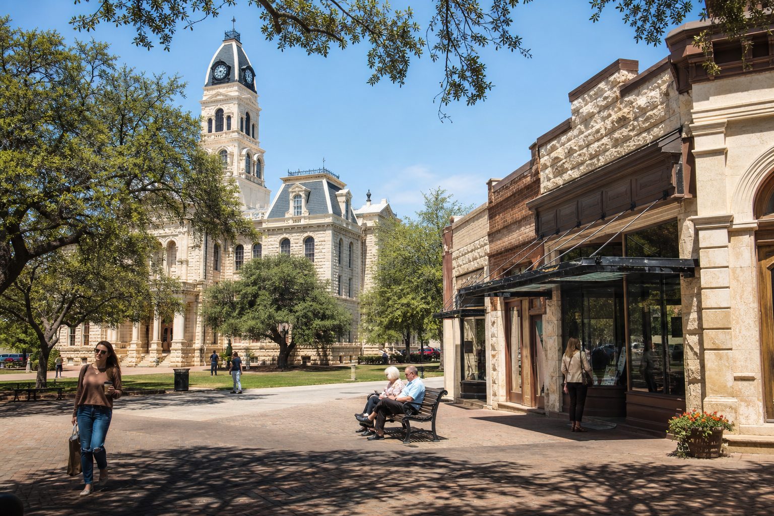 Historic downtown Weatherford Courthouse Square with limestone storefronts, mature oaks, and community members in plaza.