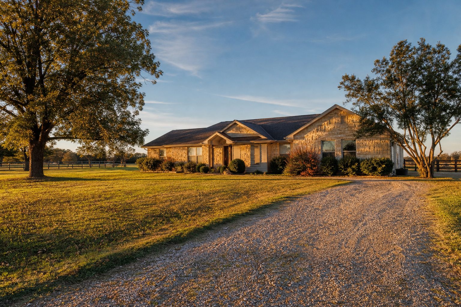 Single-story ranch home on 1.5-acre lot with live oaks and gravel driveway in rural Parker County, Texas.