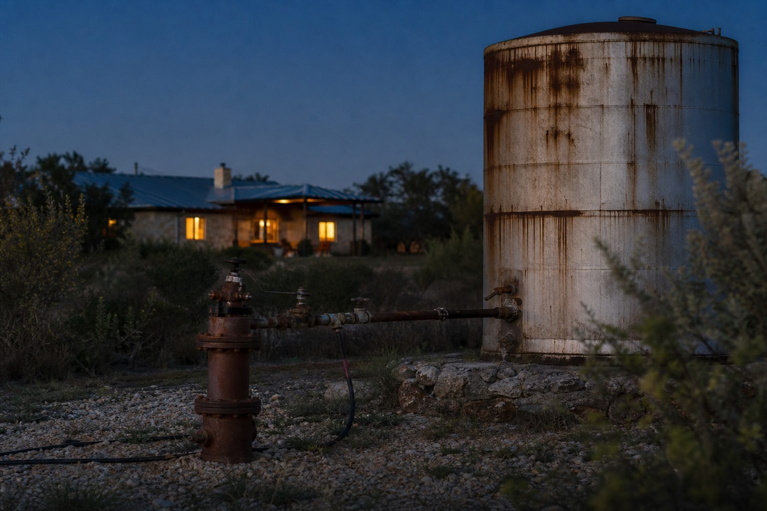Water well head and storage tank on rural property at twilight in Palo Pinto County with ranch house visible in distance.