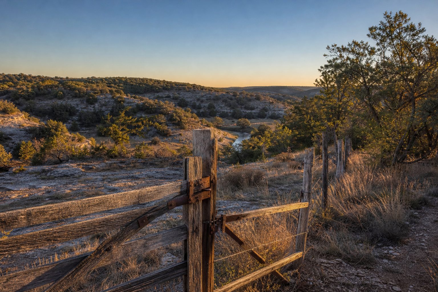 Weathered ranch gate on 180-acre hunting property with natural draw, limestone terrain, and mature hardwood cover in Jack County.