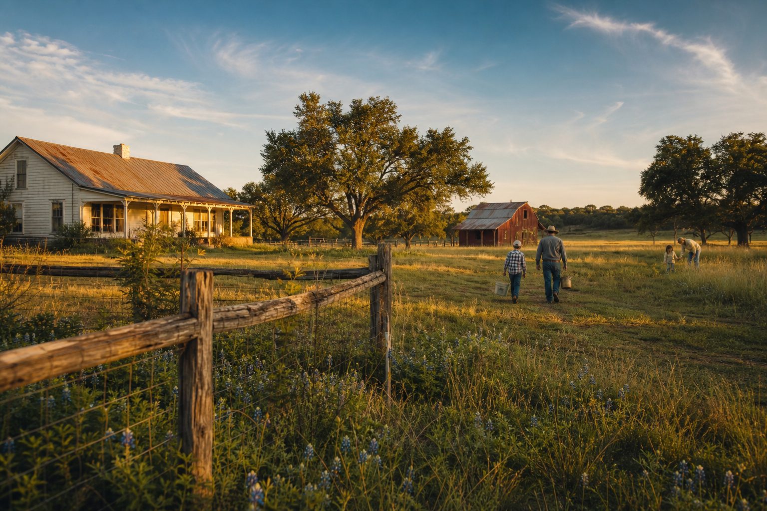 Ranch-style home on three acres with family members, red barn, and live oaks in Parker County, Texas.