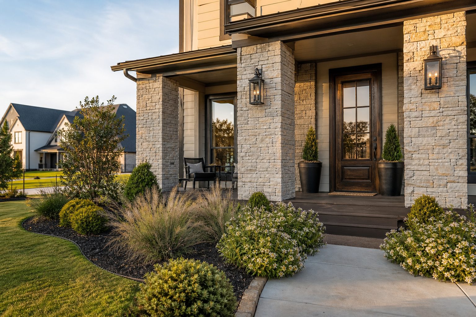Stone and siding home with upgraded entry details in Aledo ISD neighborhood along FM 1187, Walsh Ranch area.