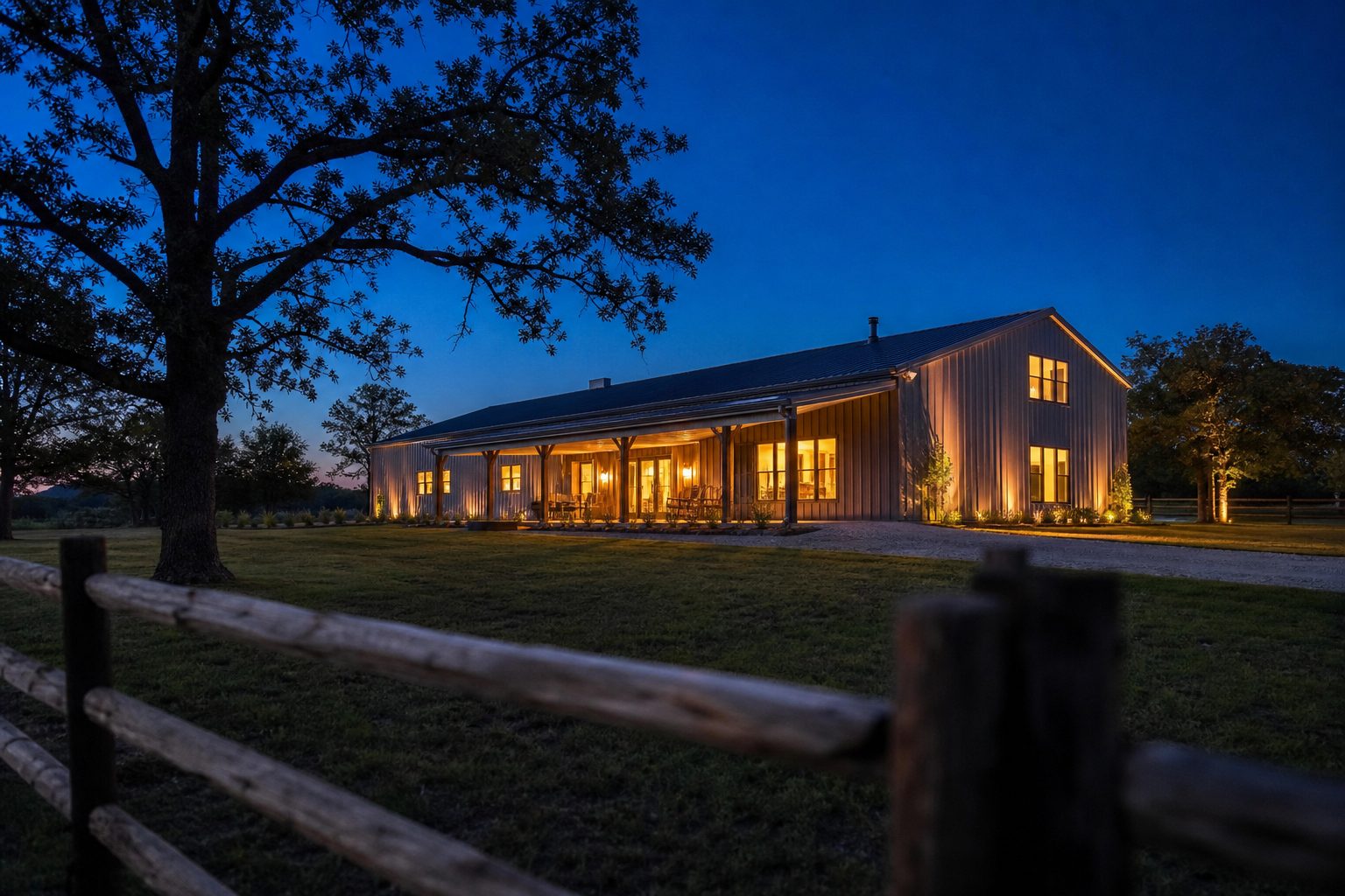 Rural barndominium near Springtown with warm interior lighting during evening twilight in Wise County, Texas.