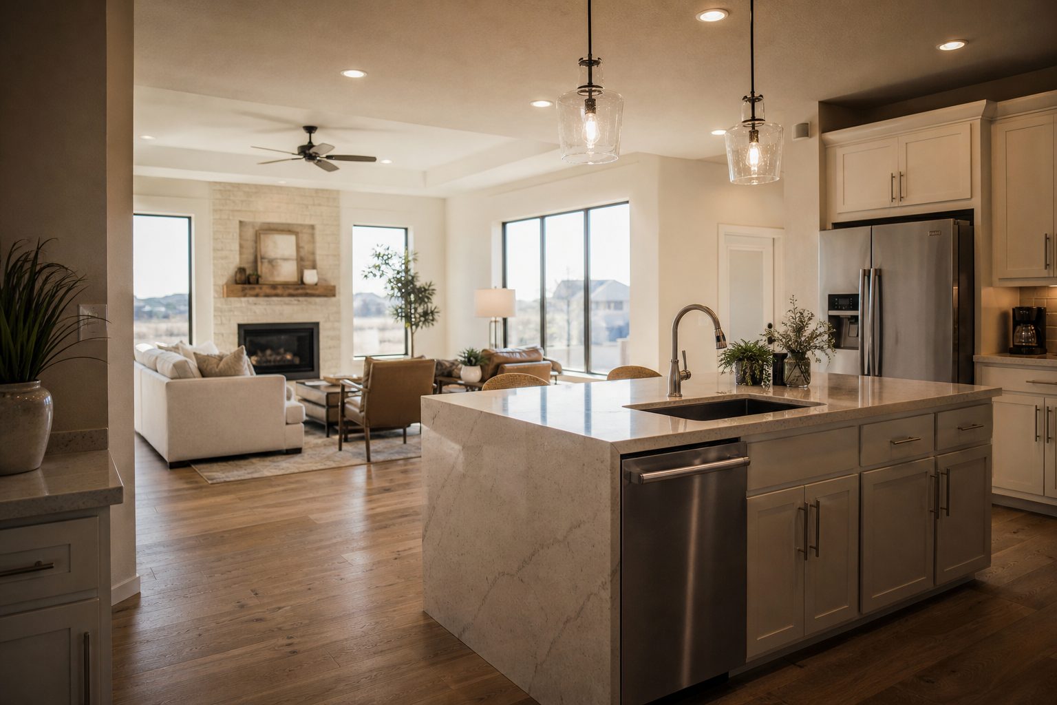 Updated kitchen and living room with natural light, quartz countertops, and fireplace in contemporary Weatherford-area home.