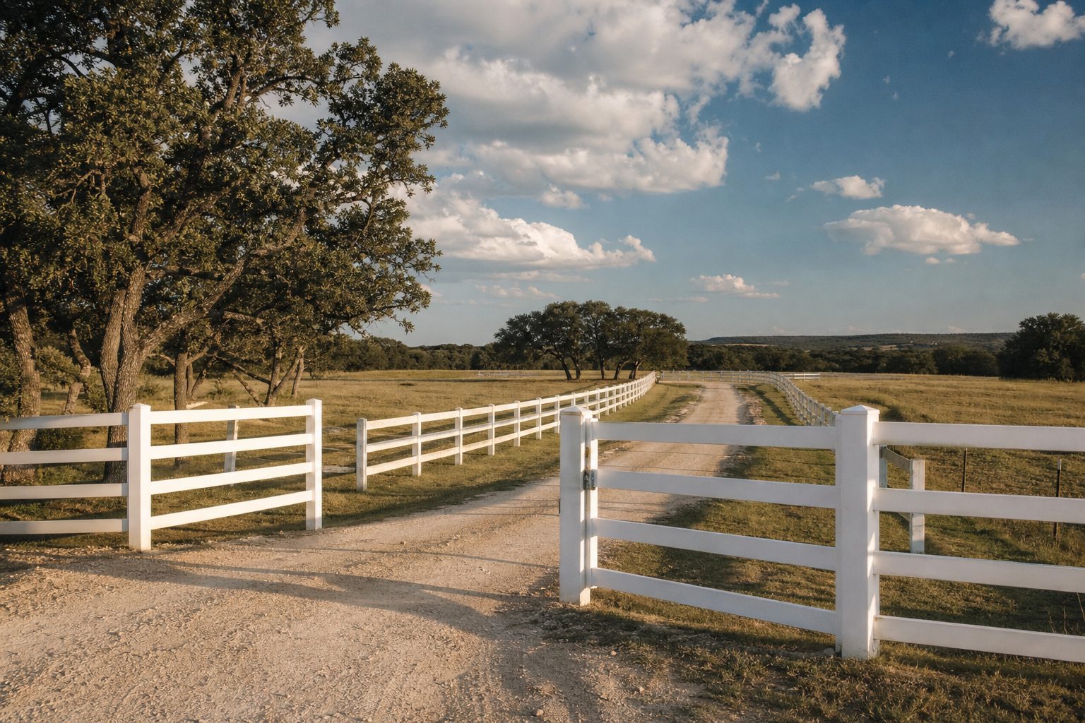 Well-maintained white vinyl ranch fencing along a caliche driveway with mature live oak trees in Parker County.