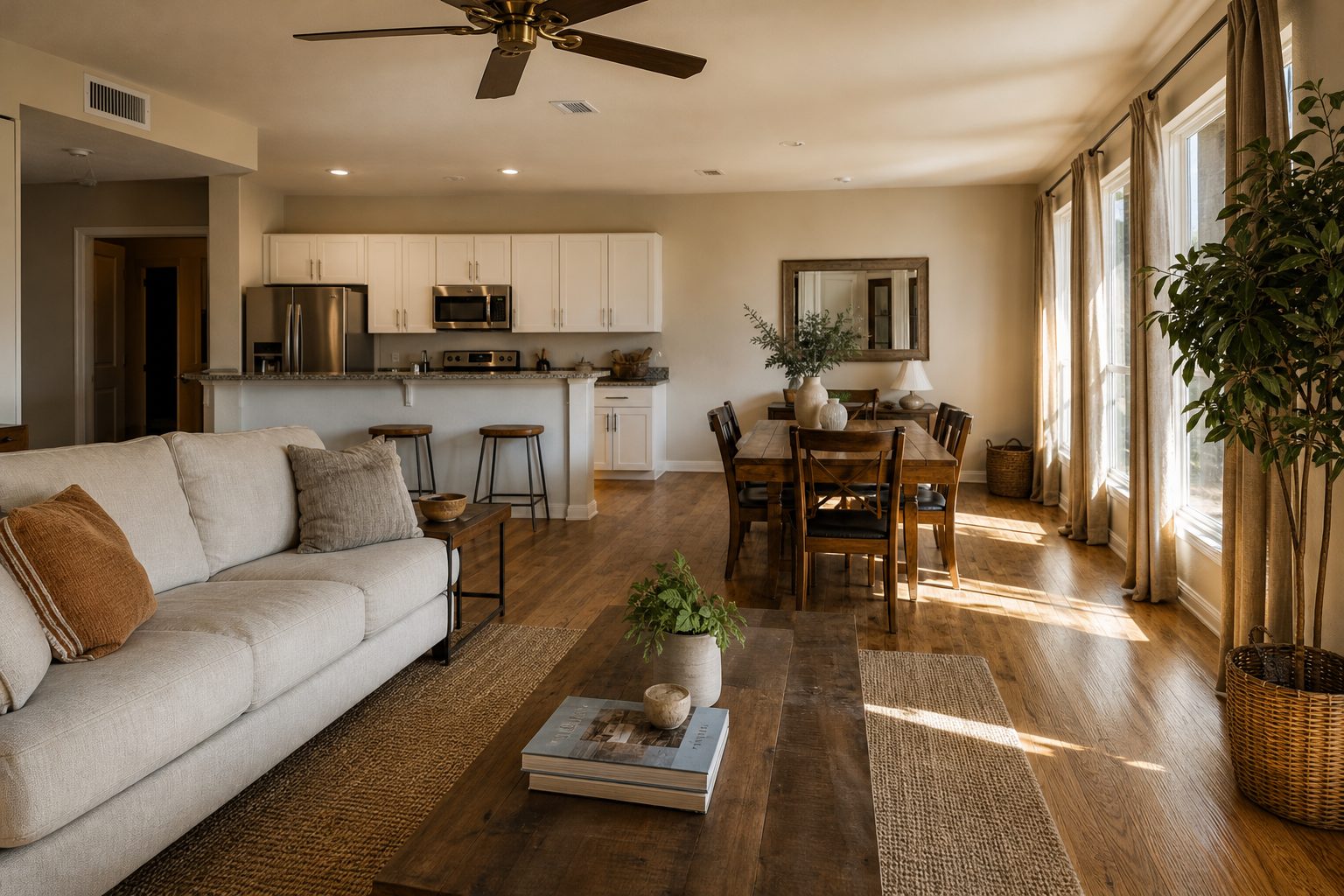 Bright open-concept living room in Decatur-area investment property with hardwood floors and natural window light.