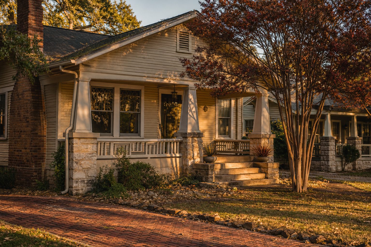 Historic 1920s Craftsman cottage with stone foundation and original porch in walkable Granbury neighborhood near town square.