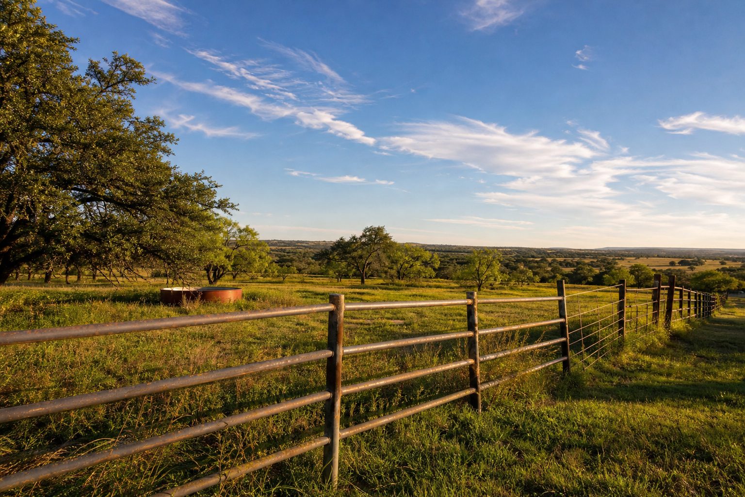 Weathered pipe-rail fencing and stock tank on rolling Parker County ranch with live oak trees and improved pasture at golden hour.